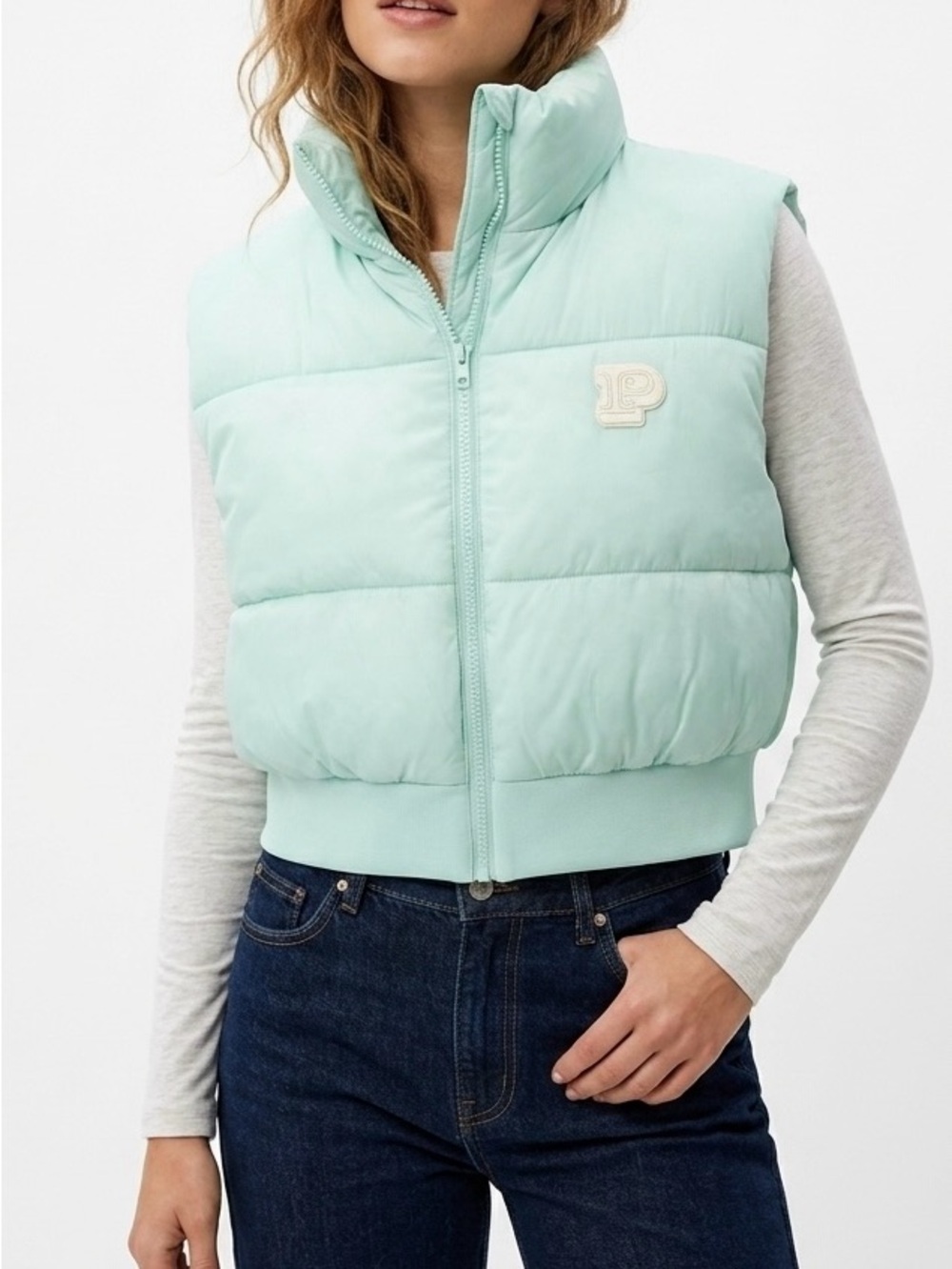NWT Victoria's Secret PINK Crop Puffer Vest L Opal Light Blue Sporty Prep